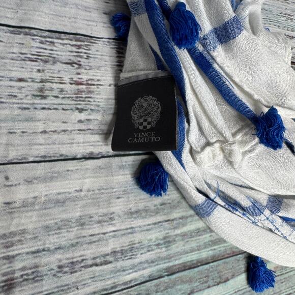 Vince Camuto Blue Plaid Infinity Scarf with Fringe - Picture 3 of 4